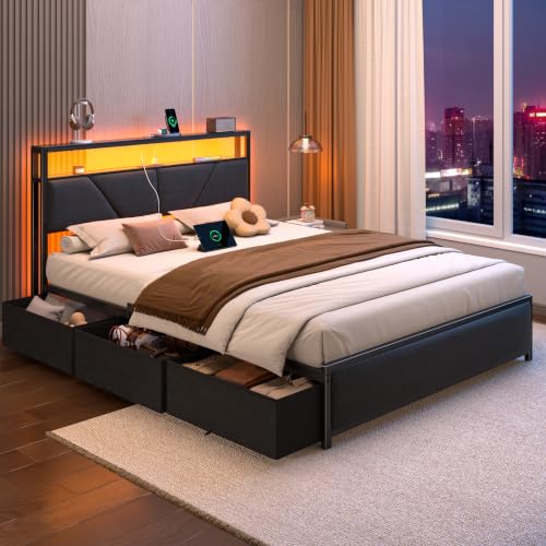 Full Size Bed Frame with Storage Headboard, 6 Drawers, LED&Charging | 2-Tier Fabric Upholstered Headboard, Charging Station&RGB Lights, No Box Spring Needed, easy assembly, Noise-Free - color: Dark Gray, size: Full