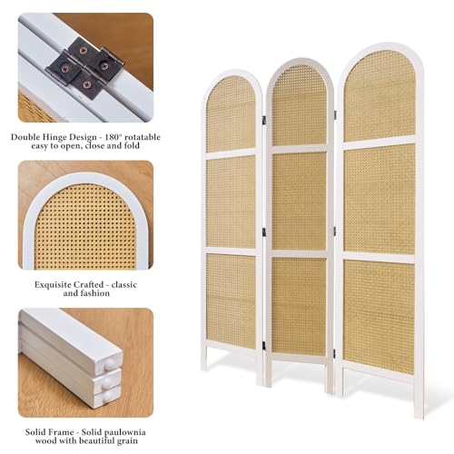 Svimi Room Dividers and Folding Privacy Screens, Pine Wood 5.6 Ft Double Hinged Rattan Partition Freestanding Wall Room Divider for Home - 3 Panels (White) - color: White