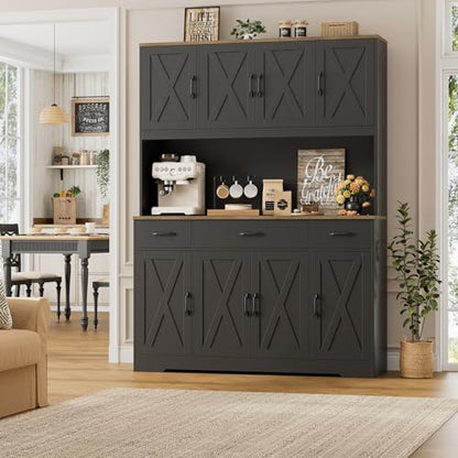 HOSTACK 71" Tall Kitchen Pantry Storage Cabinet, 55" W Kitchen Hutch, Black | Large Pantry Cabinet with Charging Station / Countertop / 3 Drawers, Farmhouse Hutch Cabinet with Storage for Dining Room - color: Black