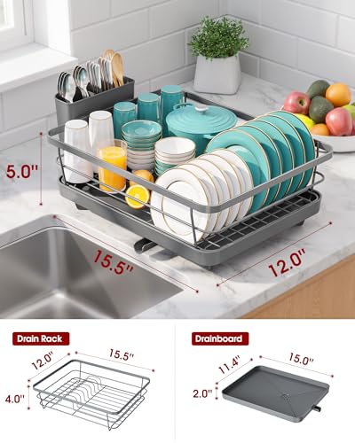 Sakugi Dish Drying Rack - Stainless Steel Dish Rack with Drainboard for Kitchen Counter and Sink, 15.6" D x 12" W x 5" H, Grey - color: Gray, size: 15.6"D x 12"W x 5"H