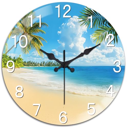 Ocean Wall Clocks Battery Operated, 12" Round Clock | Non Ticking Decorative Clock, Ocean Pattern Glass Design for Living Room, Kitchen, Bedroom & Bathroom Decor - style: Ocean