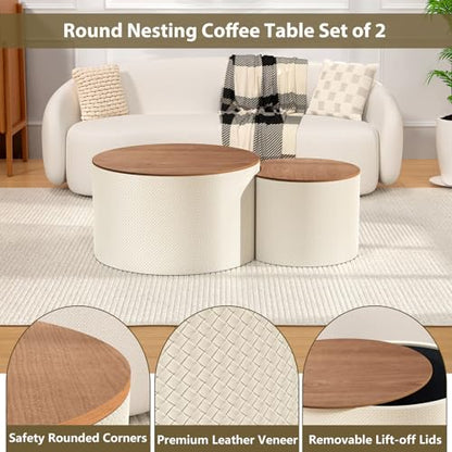 Nesting Coffee Table Set of 2, Round, White | Hidden Storage, Leather Wrapped, Stackable End Tables, No Assembly Required, For Small Space Living Room Apartment - color: White
