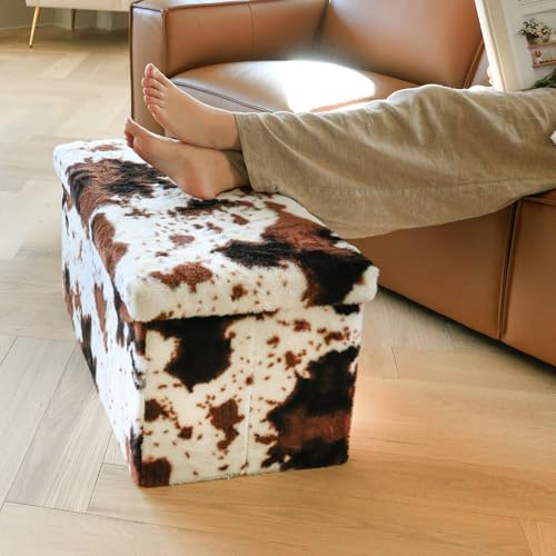 Luxe Faux Fur Storage Ottoman, Cowhide Brown/White, 30 x 15 x 15 in | Engineered Wood, Tool-Free Assembly, Modern Style, Seat And Footrest - color: Cowhide Brown/White, size: 30"D x 15"W x 15"H