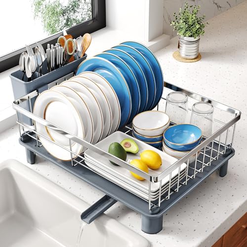 SNTD Dish Drying Rack for Small Kitchen Counter, 11" W x 15" L, Silver | Space Saving, Rotating Spout & Angled Drainboard for Quick Drainage, Stainless Steel, Removable Utensil Holder - color: Silver, size: 11" W x 15" L