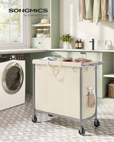 SONGMICS Laundry Basket with Wheels, 3-Section Rolling Laundry Hamper, 52.8 Gallons (200 L), Removable Liner, Steel Frame with Handle, 35.8 x 15.4 x 31.9 Inches, Cream White URLS005W01 - color: Cream White, size: 200 L (3-Section)