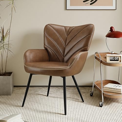 MALOL Modern Mid-Century Faux Leather Accent Chair, Upholstered Armchair with Curved Backrest, Sturdy Metal Base, Living Room, Bedroom & Reading Nook,Brown - color: Brown, size: set of 1