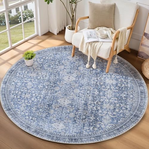 Sasttie Round Rug 6ft, Ultra-Soft Washable Rug for Living Room, Blue | 6 feet Thin Carpet for Apartment & Bedroom, Low-Pile Faux Cashmere, Non-Slip Backing, Skin-Friendly, Stain Resistant - color: Blue, size: 6' (Round)