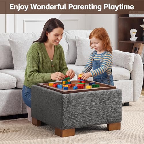 WUTUTUEE 24" Square Ottoman Coffee Table with Storage, Boucle Ottomans with Tray and Solid Wood Legs for Living Room, Bedroom and Apartments, Small Modern Ottoman Tea Table with Lift-Off Lid, Grey - color: 24'' Grey Boucle