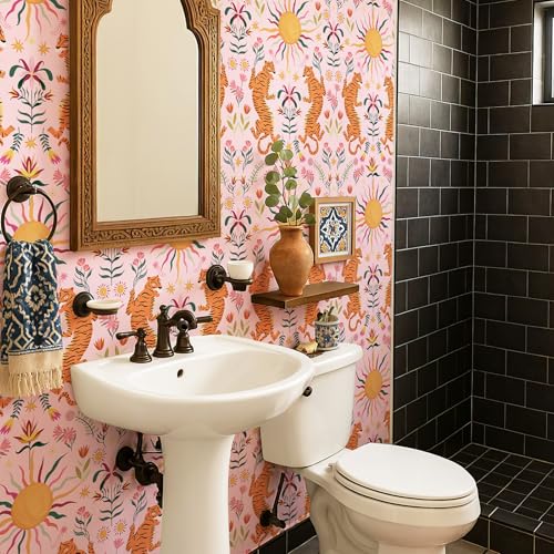 Pink Tiger Peel and Stick Wallpaper - Tropical Tiger Boho Removable Self Adhesive Jungle Animal Wall Paper for Bedroom, Living Room, Nursery Waterproof DIY Wall Decor (17.3" x 240") | Waterproof Removable Self Adhesive Wallpaper, Boho Jungle Animal Contac