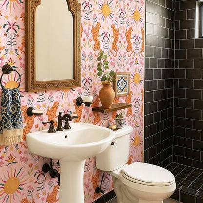 Pink Tiger Peel and Stick Wallpaper - Tropical Tiger Boho Removable Self Adhesive Jungle Animal Wall Paper for Bedroom, Living Room, Nursery Waterproof DIY Wall Decor (17.3" x 240") | Waterproof Removable Self Adhesive Wallpaper, Boho Jungle Animal Contac