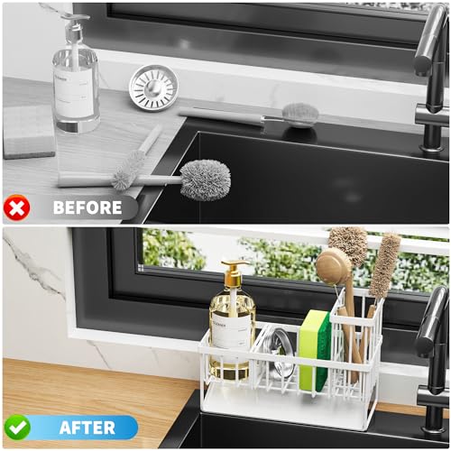 Cisily Sink Caddy Sponge Holder - Stainless Steel Rustproof, High Brush Holder, Dish Sponge Organizer with Divider (White) - color: White, size: 9.25″
