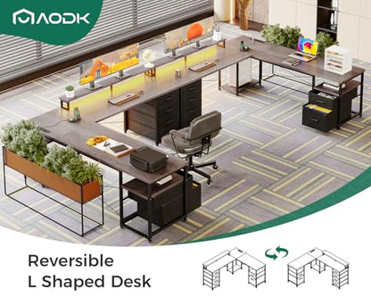 AODK 66" L Shaped Desk, 113" Computer Desk for Home Office and Gaming | Desk with File Cabinet & 4 Fabric Drawers, Monitor Shelf & Power Outlet, Two Person Desk, Gaming Table with LED Light, Grey - color: Grey