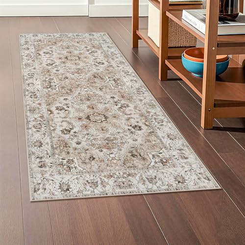 Washable Hallway Runner Rug 2x5: Non Slip Runner Rugs with Rubber Backing | Soft Kitchen Rug Farmhouse Distressed Carpet Runner for Living Room Bedroom Bathroom - Thin Beige Rug Lightweight Easy Clean - color: Beige, size: 2' x 5' (Rectangular)