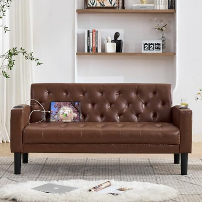 TYBOATLE 152.5cm(62인치) 브라운 가죽 2인용 소파, 거실용 USB 포함 소형 소파 | 작은 소파, 러브 시트 소파, 중세 모던 터프트 디자인, USB 포트 2개 및 컵홀더 2개, 사무실 침실 기숙사, 브라운 - color: 브라운.