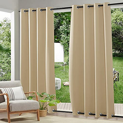 RYB HOME Windproof Curtains Outdoors - Waterproof Blackout Shade Thermal Insulated Weighted Drapes for Porch Gazebo Pergola Garage Sun Room Decor, 52 Width x 96 inch Length, 2 Panel, Beige | Thermal Insulated, Weighted Drapes for Porch Gazebo Pergola Gara