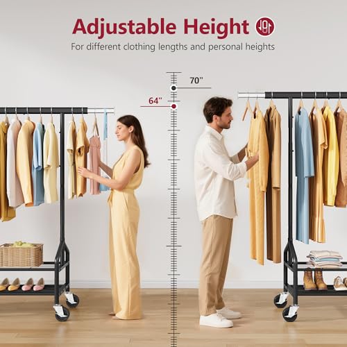 Clothing Rack with 2 Shelves, Metal Heavy Duty Load 350 LBS, Black | Adjustable Clothes Rack, Extendable Garment Rack for Hanging Clothes, Rolling Rack for Bedroom, Laundry Room, Clothes Store - color: Black