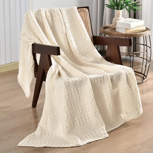 PHF 100% Cotton Waffle Weave Throw Blanket, Lightweight Breathable Summer Blanket for Couch Sofa, Pre-Washed Soft Throws for Bed, Office, Travel & Stylish Home Decor, 50"x60", Natural - color: 22 Natural, size: Throw(50"x60")