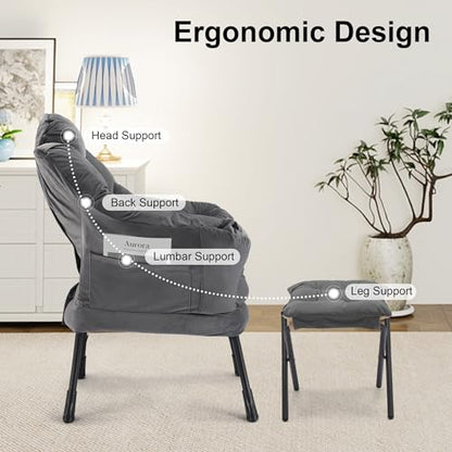 Lazy Chair with Ottoman, Modern Accent Lounge Chair with Side Pocket and Armrests, Cozy Reading Armchair with Footrest, Upholstered Sofa Chair for Small Spaces, Bedroom Living Room, Dark Grey - color: Dark Grey