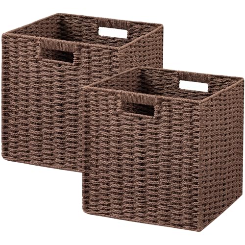 UBBCARE 2 Pack Wicker Basket, 11L×11H×10.5W inch Woven Paper Rope Storage Baskets for Shelves, Foldable Cube Storage bin with Handle, Storage Basket for Organizing & Decor, Brown - color: Dark Brown, size: Cube-2pack 11"×11"×10.5"