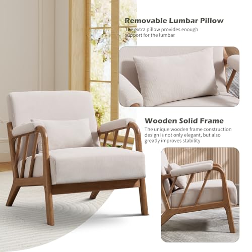 IOMOR Mid Century Modern Accent Chair with Solid Wood Frame, Upholstered Living Room Chairs with Lumbar Cushion Padded Arms, Reading Armchair for Bedroom (1, Beige) - color: Beige