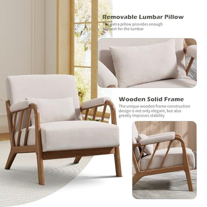 IOMOR Mid Century Modern Accent Chair with Solid Wood Frame, Upholstered Living Room Chairs with Lumbar Cushion Padded Arms, Reading Armchair for Bedroom (1, Beige) - color: Beige