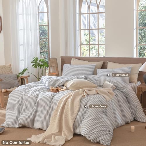MooMee Striped Duvet Cover Set 100% Washed Cotton Linen Like Twin | Relaxed Linen-like Texture. Soft, Breathable & Long-lasting Comfort. Lightweight. Hidden Zipper with 8 Interior Corner Ties - color: Classic Stripes - Cornflower Blue/ White (No Comforter