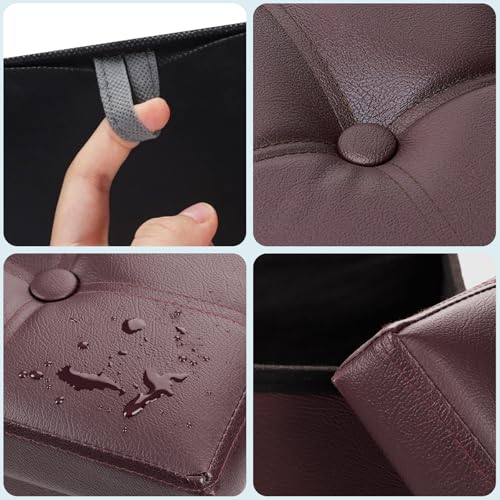 Bsketa Storage Ottoman Bench,17 Inch Folding Leather Foot Rest Stool, Brown | Small Ottoman with Side Pockets, Thicker Foam Padded Seat, Livingroom, Dorm, Bedroom, Easy to install, 43L,17x13x13in - color: Brown-with Side Pockets.