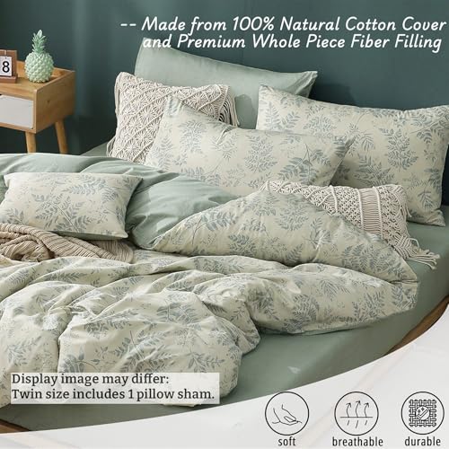 LEMIROE Botanical Cotton Comforter Twin Size - Dusty Green Comforter Printed with Luxurious Greyish-Green Ferns on Beige,Reversible Lightweight Bedding Sets 2Pcs(68"×90") - color: Botanical - Dusty Green, size: Twin/Twin XL(68"×90")