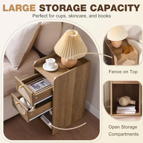 Narrow Nightstand Set of 2 (Rattan & Wood) - Small Bedside Table with 2 Drawers, Open Shelf, Mid Century Modern End Table - for Bedroom, Living Room & Small Spaces, Rustic Oak Rattan - color: Rustic Oak Rattan, size: 9.9"W (2 Pc)