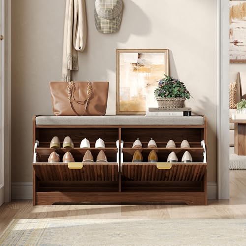 Maupvit 39.4" Fluted Shoe Bench with Storage, Narrow Entryway Bench, Walnut | with Removable Seat Cushion & 2 Flip-Drawers, Shoe Cabinet Bench, Boho Hidden Shoe Rack for Entrance, Hallway, Living Room - color: Walnut