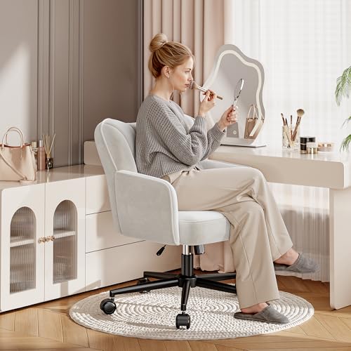 DurayLoly Vanity Chair with Wheels & White — Adjustable Height Makeup Chair, Plush Velvet Seat with Curved Backrest for Women, Girls, Bedroom Vanity & Desk, White - color: White