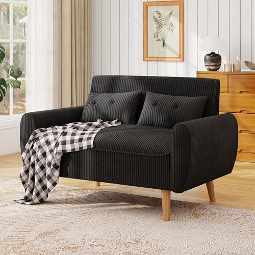 47'' Small Loveseat Sofa, 2 Seat Compact Couch with Tapered Legs, Black Upholstered Furniture, Solid Wood Frame, Comfy Foam Cushion, Easy Assembly for Small Spaces - color: Black