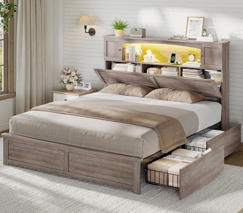 MSmask Farmhouse Bed Frame Full Size with Bookcase and Storage Cabinets Headboard, Wood Platform Bed with LED Lights, Charging Station, 4 Drawers, Decoration Footboard, No Box Spring Needed, Grey - color: Grey, size: Full