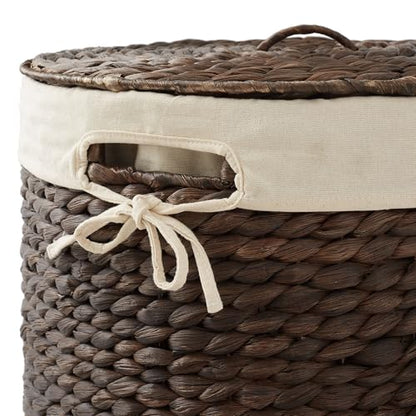 Casafield Round Laundry Hamper with Lid and Removable Liner Bag - Espresso Dark Brown, Woven Water Hyacinth Wicker Laundry Basket for Clothes, Towels