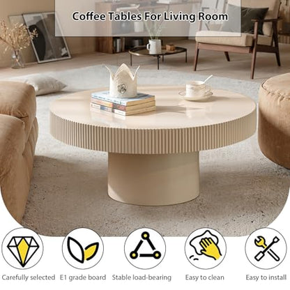 Round Fluted Coffee Table Handcrafted Relief Drum End Table | Mid Century Modern Drum Coffee Tables Rustic Industrials Wood Center Table for Apartment Living Room - color: White Round Thin