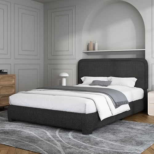 BarnFurin Full Bed Frame, Cloud Boucle Headboard, Rounded Corners, Black | Soft boucle and rounded edges create a low-profile cloud look. Wooden slats support the mattress without a box spring - color: Black, size: Full