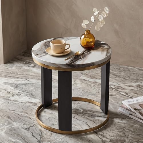 Signature Design by Ashley Jazmore End Table, 24 Inch Round Faux Marble Accent Side Table with Antiqued Brass Finished Metal Frame and Replicated Walnut Wood Legs, White & Black - color: Brown/Brass Finish
