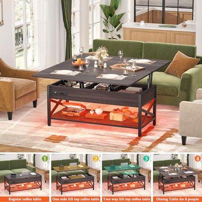 Aheaplus Coffee Table Lift Top Multi-Function Coffee Table Converts to Dining Table, with LED Light and Power Outlet, Center Table with Shelves for Living Room Reception Home Office,-S2, Espresso - color: Espresso