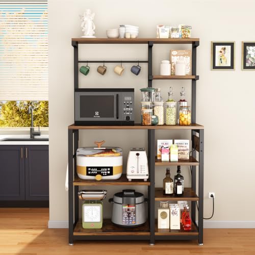 Large Bakers Rack with Power Outlet, Coffee Bar & Microwave Stand | Bakers Rack with Power Outlet, Coffee Bar Station & Microwave Cart, Metal Kitchen Storage Shelf with Wheels - color: Rustic Brown