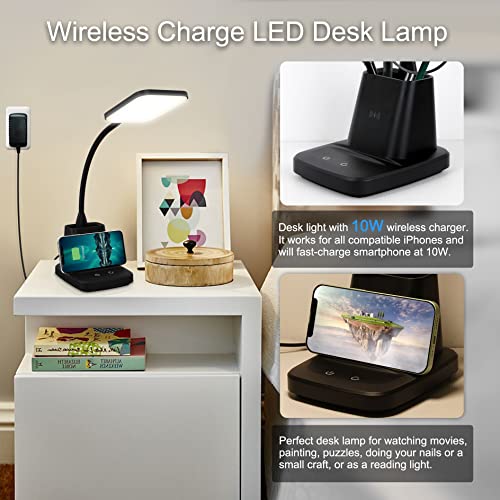 LED Desk Lamp with 10W Wireless Charging & Pen Holder, Black | CRI 95, 800LM, Stepless Dimming, 3 Modes, 360°Flexible Arm, Touch, Study Table Lamp for Home Office, Dorm Room, with Adapter - color: Black