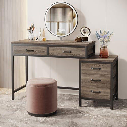 Tribesigns Vanity Desk with 5 Drawers, Makeup Vanity Table | Dressing Table with Side 3-Drawer Chest, Make Up Vanities for Women, Girls (Without Mirror), White - style: Grey