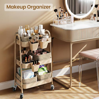 3-Tier Rolling Utility Cart with 4 Woven Baskets, Diaper Book Snack Cart, Storage Organizer for Nursery, Kitchen, Craft Room, Home SPA, Living Room, Metal Frame Trolley on Lockable Wheels, Brown - color: Brown