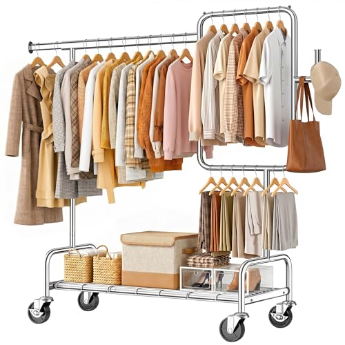 SOLEDI Heavy Duty Partitioned Clothes Rack, 600 LBS Load Metal Garment Rack with Shelves & Lockable Wheels, Rolling Hanging Rack for Bedroom, Laundry Room, Store & Garage (Silver) - color: Silver