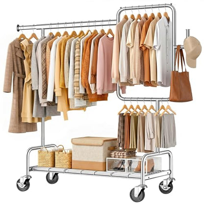 SOLEDI Heavy Duty Partitioned Clothes Rack, 600 LBS Load Metal Garment Rack with Shelves & Lockable Wheels, Rolling Hanging Rack for Bedroom, Laundry Room, Store & Garage (Silver) - color: Silver