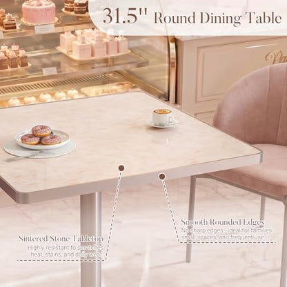 31.5'' Tulip Table, Square Dining Table with Glossy Sintered Stone Tabletop | Rose Gold Aluminum Alloy Edge & Pedestal, Small Bistro Table for Dining Room/Café/Small Spaces/Restaurant (Blush Onyx) - color: Blush Onyx (Rose Gold), size: Square