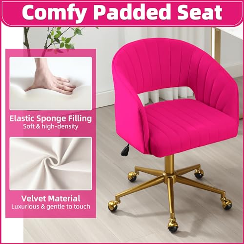 Desk Chair with Wheels, Gold Base, Velvet Accent Vanity Armchair, Hot Pink | Spacious‌ Soft Seat, Swivel Height Adjustable, Rocking Function, Modern Stripe for Girls &Women Bedroom Makeup or Nail - color: Hot Pink Velvet