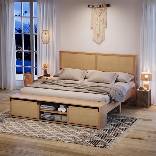 GarveeHome Natural Rattan King Size Bed Frame with Storage Cabinets | Cabinet with Sliding Barn Door, LED Light Headboard, Solid Wood Legs Support, No Box Spring Needed - size: King