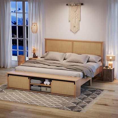 GarveeHome Natural Rattan King Size Bed Frame with Storage Cabinets | Cabinet with Sliding Barn Door, LED Light Headboard, Solid Wood Legs Support, No Box Spring Needed - size: King