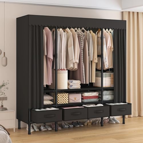 Portable Closet with Drawers 55.1"x17.7"x65.7" Wardrobe Closet Black | Portable Closet for Hanging Clothes, Fabric Drawers and Hanging Rod, Portable Wardrobe Storage for Bedroom or Dorm Use - color: Black-b, size: 55.1" L