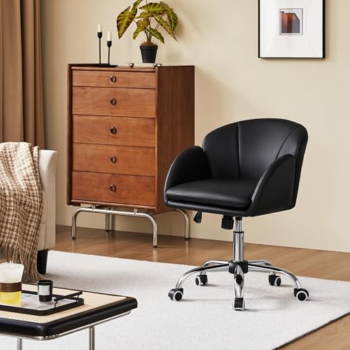 Yaheetech Black Petal Faux Leather Makeup Vanity Desk Chair, Swivel Wheels | Easy-clean faux leather cushioned seat fits makeup vanity, nail salon or office desks; adjustable height, swivel, fast setup. - color: Black